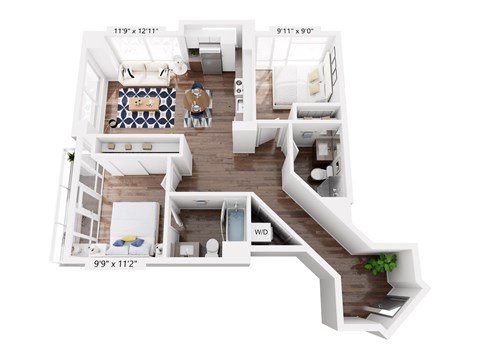 Floor plan for 2 beds, 2 baths, 1009 sqft